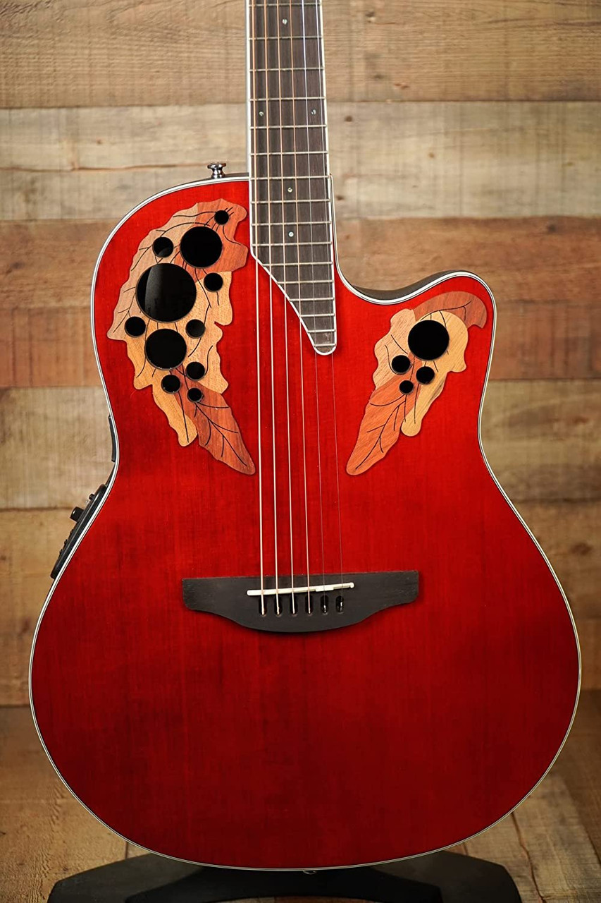 Ovation Celebrity Collection 6 String Acoustic-Electric Guitar, Right, Ruby  Red, Super Shallow Body (CE48-RR)