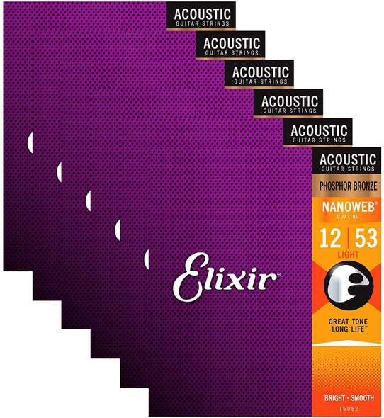 Elixir 16052 Acoustic Phosphor Bronze Nano Light 12-53 (6 Pack Bundle)
