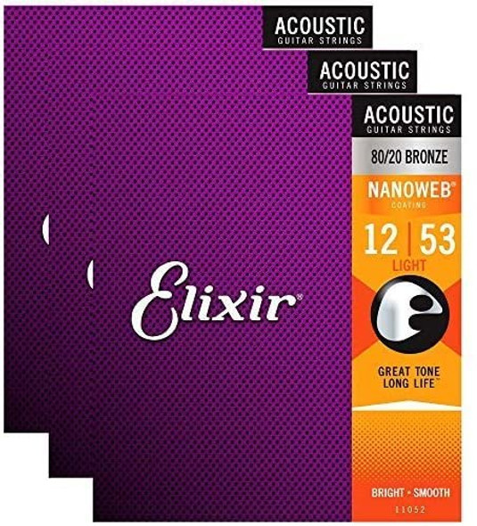 Elixir 11052 Acoustic 80/20 Nano Light 12-53 (3 Pack Bundle)