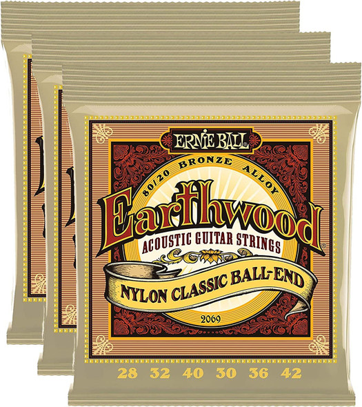 Ernie Ball Earthwood Folk Nylon Ball End Set, Clear and Gold - 3 Pack Bundle (P02069)