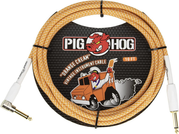 Pig Hog Orange Creme 2.0 Guitar Bass Cable, 10ft - Straight-Right Angle (PCH102OCR )