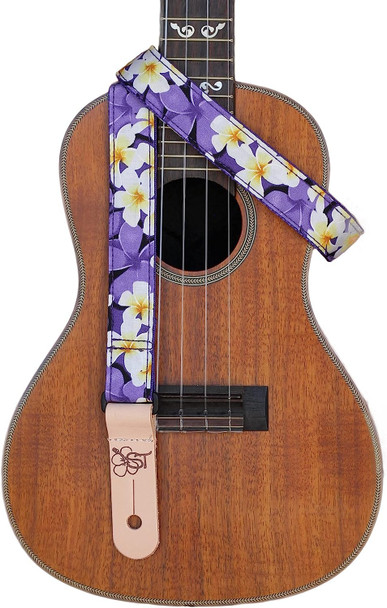 1" Hawaiian Print Ukulele Strap - Purple Plumeria