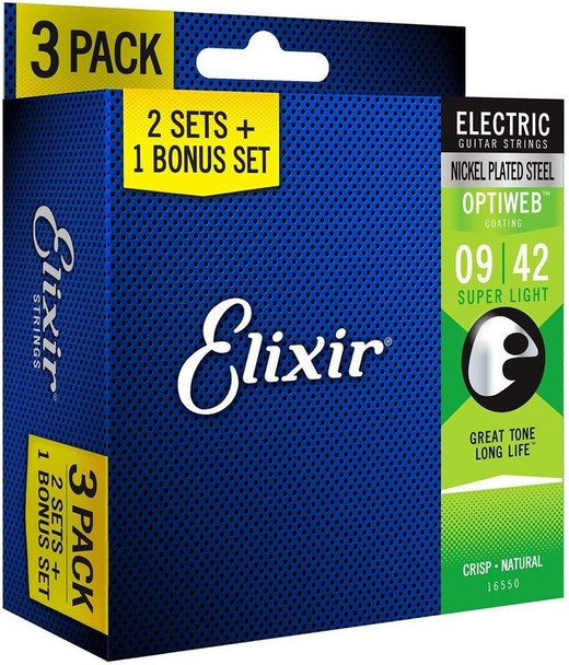 Elixir Strings 16550 Guitar Strings with OPTIWEB Coating, 3 Pack, Super Light (.009-.042)