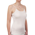 White merino wool thermal singlet with thin straps and scoop neckline on model