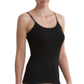Woman wearing black merino wool singlet with thin adjustable straps and smooth fitted body