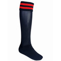 Navy knee-high sport sock with two red contrast stripes at ribbed cuff, cushioned sole, packshot