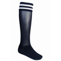 Navy knee-high sport socks with three white contrast stripes at cuff, ribbed upper and cushioned sole
