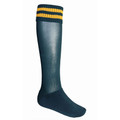 Navy knee-high sports sock with gold and navy striped cuff and ribbed shin panel