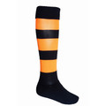 Unisex sport sock in black with bold orange horizontal hooped stripes and ribbed cuff