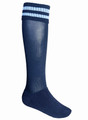 Navy knee-high sports sock with sky blue triple stripe detail at cuff and ribbed construction