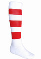White sports sock with bold red horizontal stripes and ribbed cuff detail