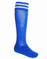 Royal blue knee-high sport sock with three white contrast stripes at ribbed cuff