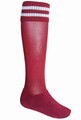 Maroon knee-high sport socks with four white contrast stripes at the cuff