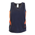 Kids navy and orange contrast panel sleeveless singlet with scoop neck, flat front chest and curved side inserts