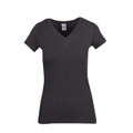 Dark charcoal marl women's v-neck tee with short sleeves and fitted cut, flat lay packshot