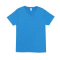Cerulean blue mens v-neck t-shirt flat lay, smooth fabric with clean neckline and short sleeves