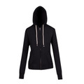 Black zip-up hoodie with white contrast drawstrings and full-length front zipper