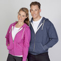 Female and male models wearing heathered magenta and navy zip-through hoodies with white drawcords and front pockets