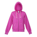 Heather hot pink ladies zip hoodie with white drawstrings and kangaroo pocket