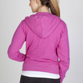 Back view of fuchsia pink heather zip hoodie with hood showing textured fleece finish
