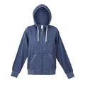 Heather navy ladies full-zip hoodie with drawstring hood, front pockets and ribbed cuffs — flat lay packshot