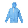 Sky blue heather pullover hoodie with white contrast drawcords and kangaroo pocket