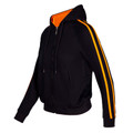 Black zip-up hoodie with orange lining and gold twin-stripe detail along sleeves