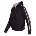 Black zip-up hoodie with contrast grey hood lining and white twin stripes along sleeves