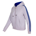 Light grey marle zip-up hoodie with royal blue twin stripes on sleeves and contrast hood lining