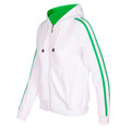 White ladies zip hoodie with emerald green hood lining and twin stripe sleeve detail