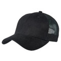 Black structured trucker cap with smooth front panel and black mesh back, curved brim