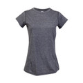 Ladies fitted heather charcoal crew neck tee with short sleeves and curved hem, flat lay packshot
