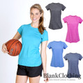 Women's heather marle crew neck tee in turquoise, charcoal, magenta, cornflower blue and navy, shown on model holding basketball