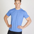 Male model wearing a cornflower blue heather marle crew neck tee with short sleeves and clean chest panel