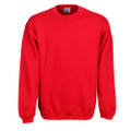 Bright red crew neck sweatshirt with ribbed cuffs and hem, classic fleece construction with smooth chest panel