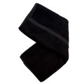 Black bamboo hand towel with charcoal grey textured stripe detail near border
