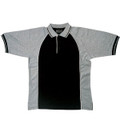 Black and grey marle raglan polo shirt with contrast sleeve stripes and white zipper placket