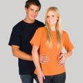 Man in black crew neck tee and woman in bright orange crew neck tee showing smooth cotton finish