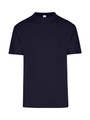 Navy crew neck t-shirt with short sleeves and ribbed collar on plain background