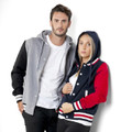 Grey varsity jacket with black sleeves and navy with red sleeves hooded varsity jacket featuring contrast ribbed trims