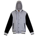 Grey varsity jacket with black sleeves, hood, snap button front closure and striped cuffs