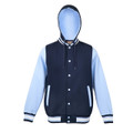 Navy varsity jacket with sky blue sleeves and hood, white snap buttons and contrast striped cuffs