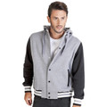 Grey marle body with black sleeves varsity jacket featuring white striped trim and hood with drawcord