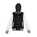 Black varsity jacket with white sleeves, hood, and contrast striped ribbing on collar, cuffs and hem