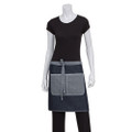 Denim half waist apron in charcoal and grey with contrast stitching and front pocket with flap