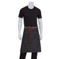 Dark denim three-quarter waist apron with brown leather tie straps and contrast stitching detail