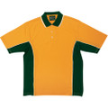 Gold polo shirt with bottle green contrast collar, side panels and sleeve trim