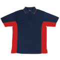 Navy polo shirt with red contrast side panels and sleeve inserts, orange collar tipping