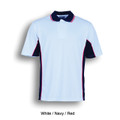 White polo shirt with navy and red contrast collar and side panels, quick-dry kids sportswear