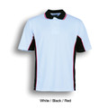 Kids quick dry polo in white with black side panels, black collar with red piping detail